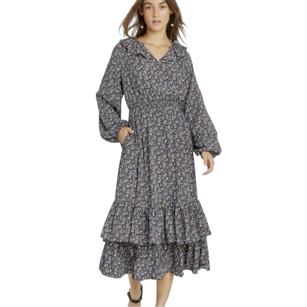 Universal Thread Navy Blue Floral Print Tiered Ruffle Hem Midi Dress